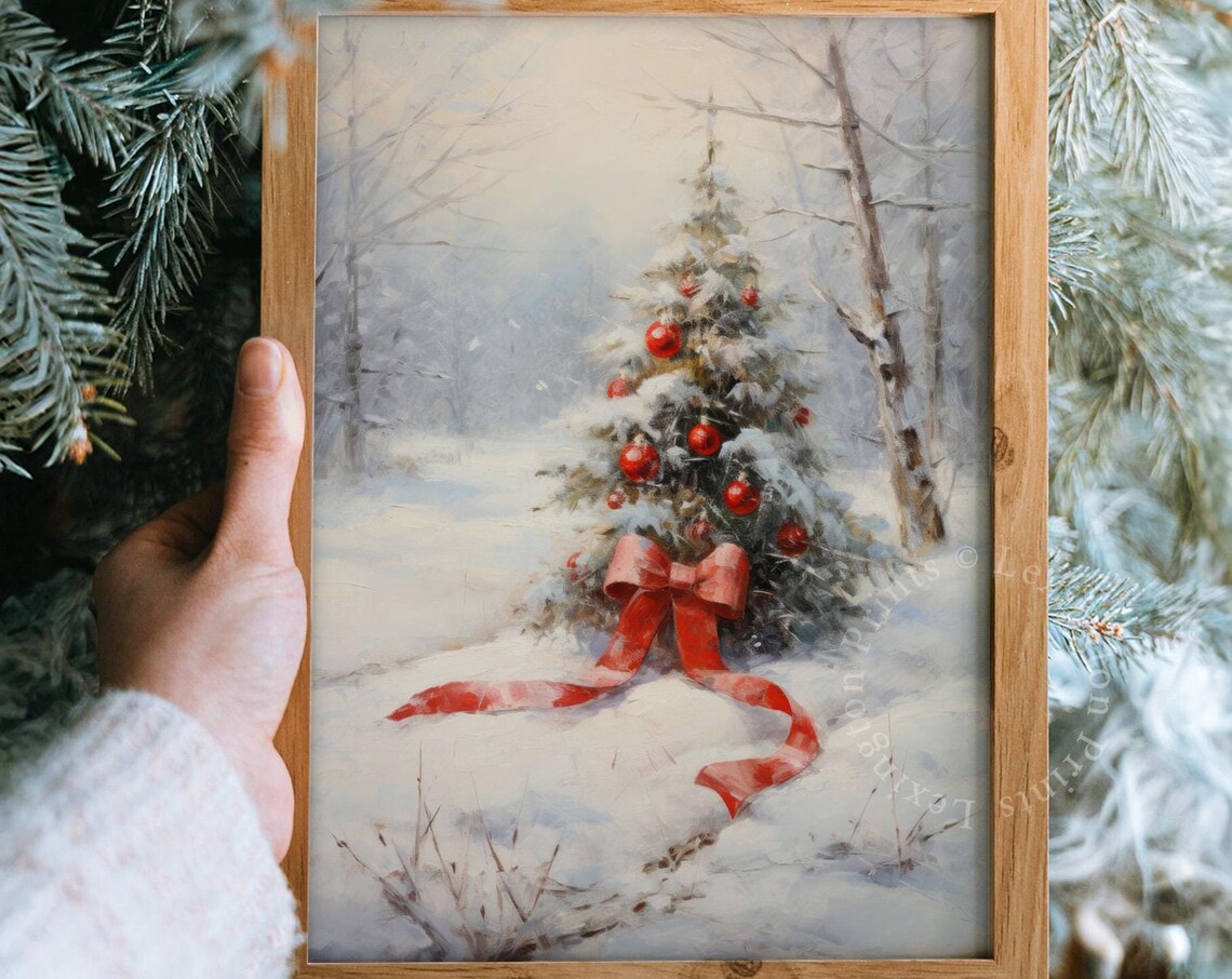 Small Snowy Christmas Tree with Red Bow Birch Forest Holiday Poster