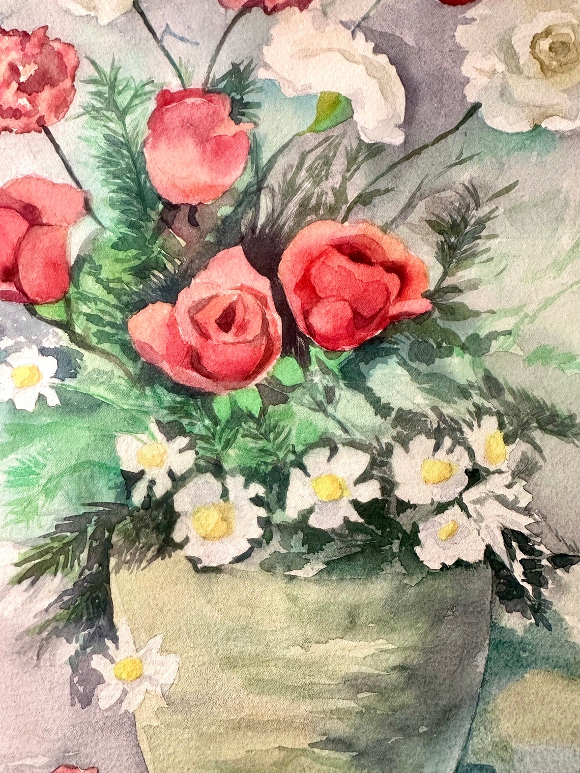 Mixed Garden Bouquet in a Green Vase Watercolor Still Life Poster - Image 3