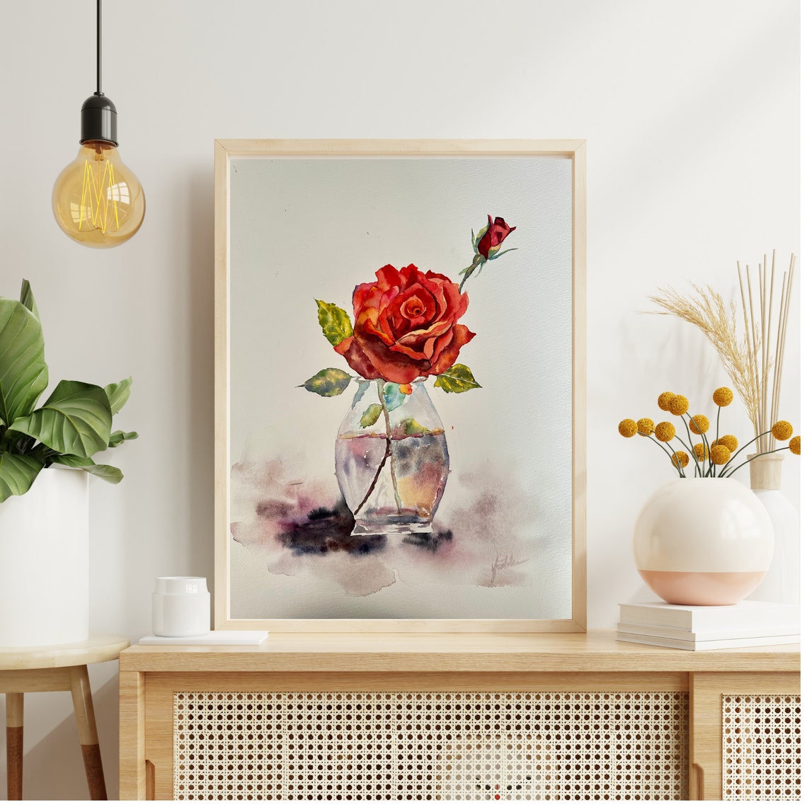 Single Red Rose with Bud in a Clear Glass Vase Watercolor Poster - Image 6