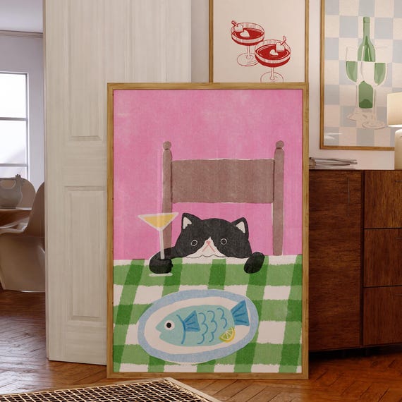 Cute Cat Drinking Art Print Whimsical Kitchen Decor Playful Wall Adorable And Fish Artwork Pastel Poster