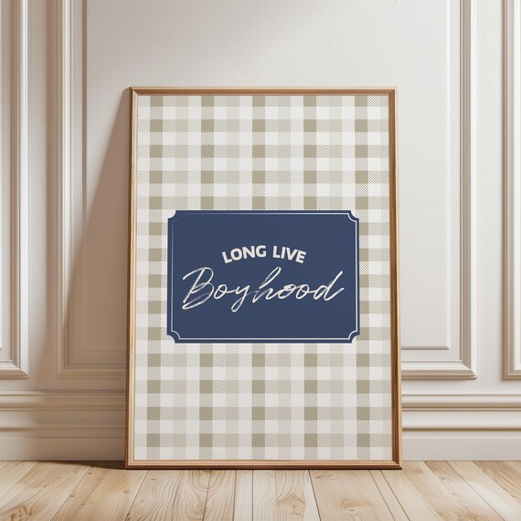 Long Live Boyhood Beige Gingham Navy Plaque Boys Room Poster