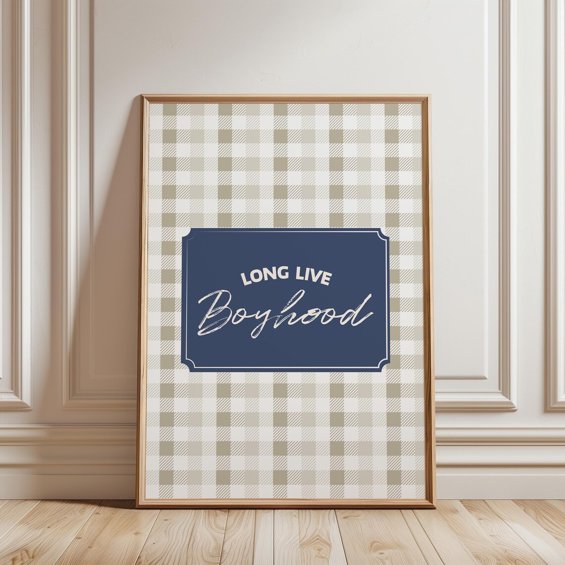 Long Live Boyhood Beige Gingham Navy Plaque Boys Room Poster