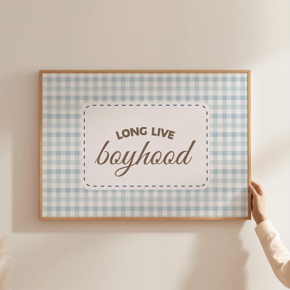 Long Live Boyhood Blue Gingham Poster For Boy Nursery Wall Art Brothers Room Decor Playroom Retro Quote Print