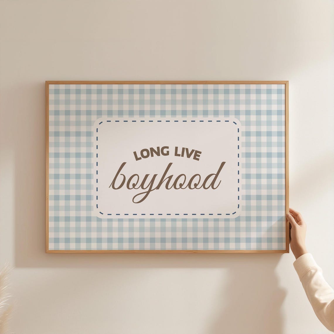 Long Live Boyhood Blue Gingham Stitched Nursery Decor Poster