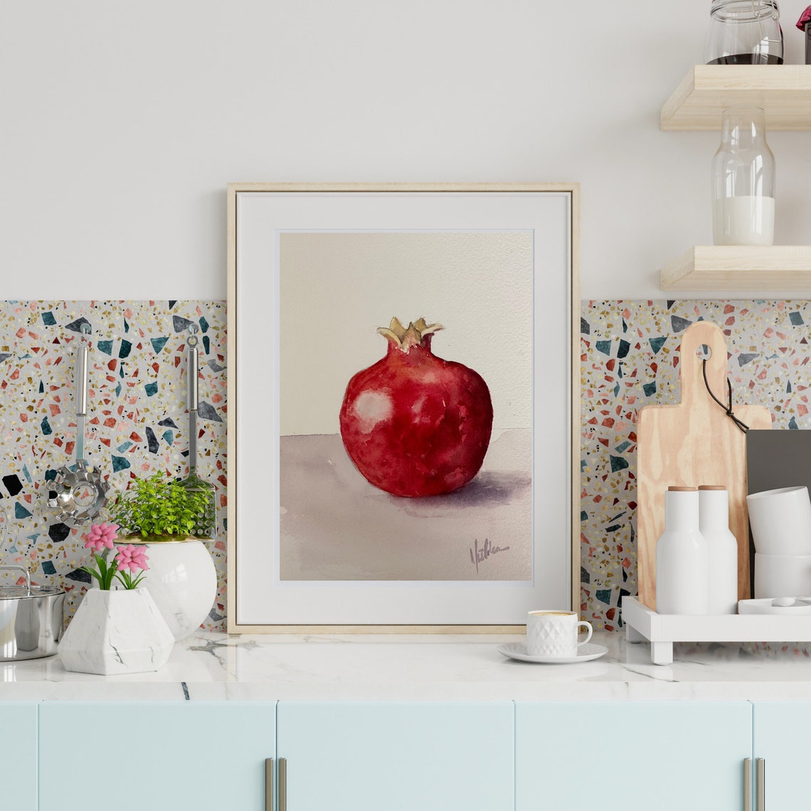 Single Red Pomegranate Fruit Minimalist Watercolor Still Life Poster - Image 4