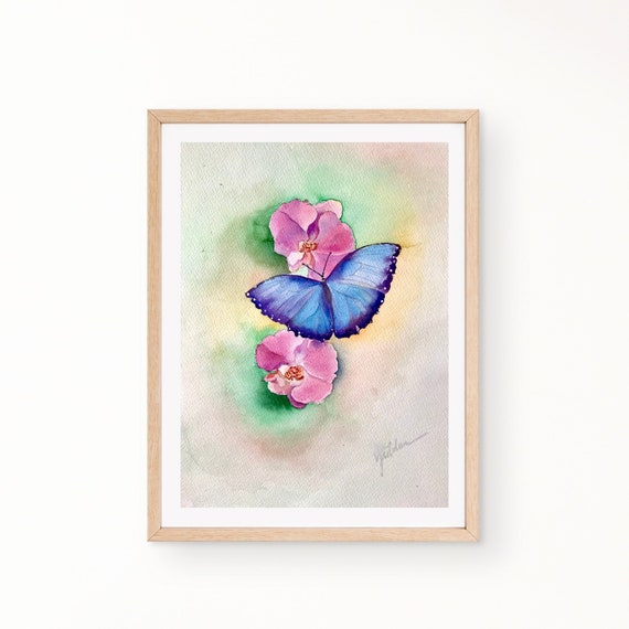 Butterfly Original Watercolor Butterfly And Orchids Blue Butterflies Wall Decor Nature Home Decor 9x12 In