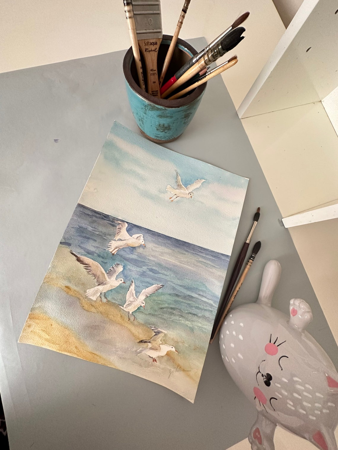 Seagulls Original Watercolor Painting Nautical Art Seagulls Artwork Seagulls On Seaside 10x14 In - Image 5