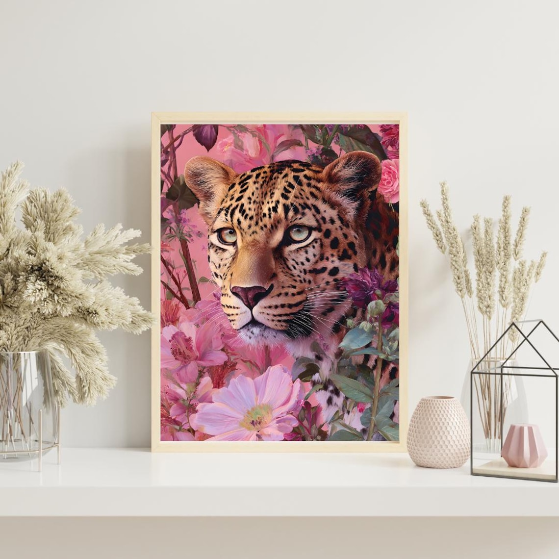 Leopard Face Pink Flowers Jungle Floral Boho Animal Portrait Poster