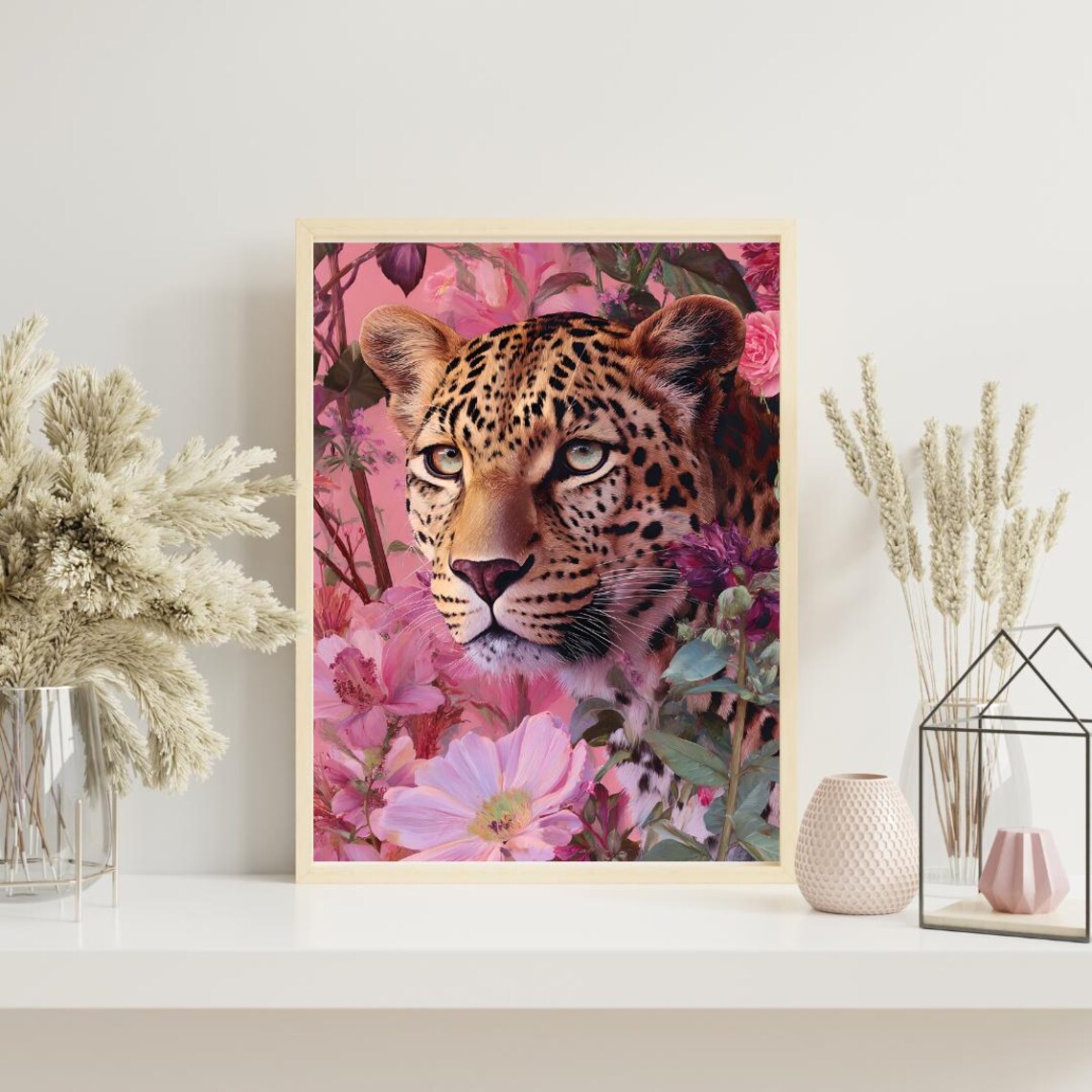 Leopard Floral Oil Painting Art Print Boho Jungle Animal Portrait
