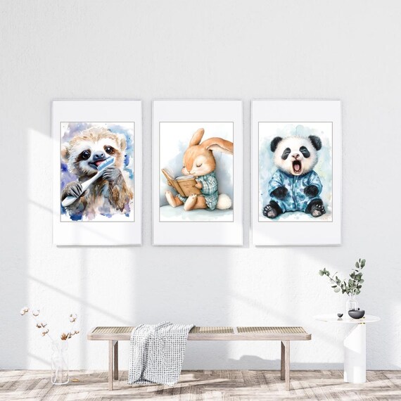 Sloth Bunny Panda Bedtime Watercolor Animals Nursery Trio Poster