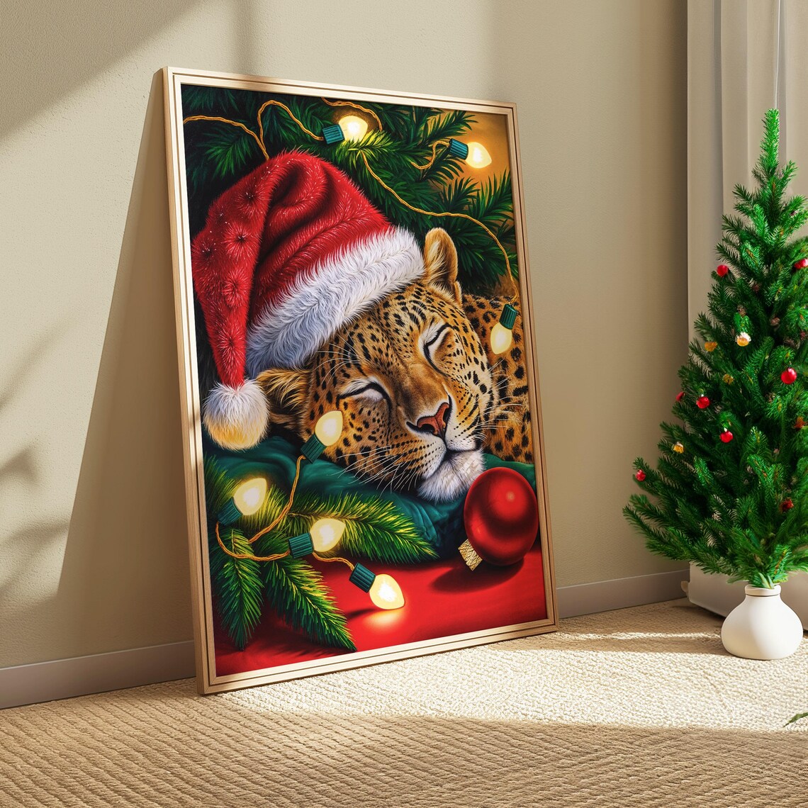Sleeping Leopard With Santa Hat, Christmas Art Print - Image 3