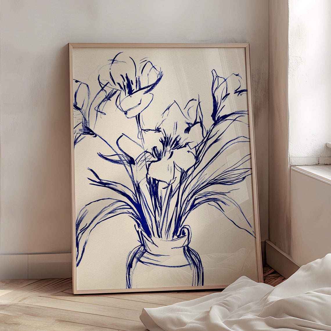 Blue Wild Ink Sketch Flowers Vase Minimal Line Art Decor Poster