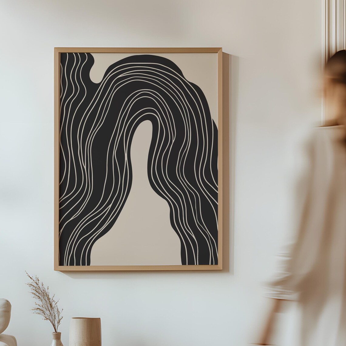 Monochrome Wavy Lines Abstract Black and Cream Modern Poster