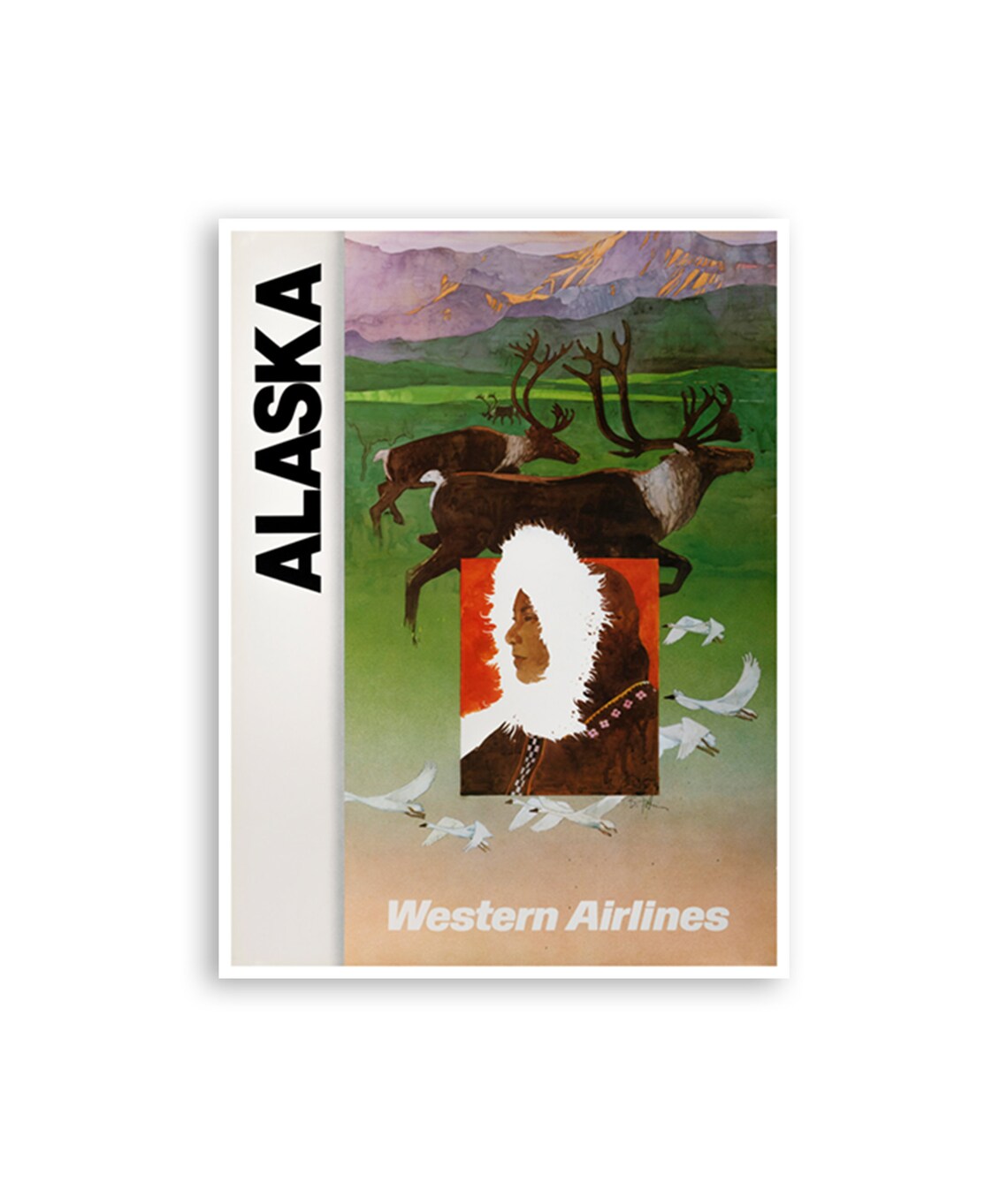 Alaska Vintage Western Airlines Caribou Wildlife Travel Poster