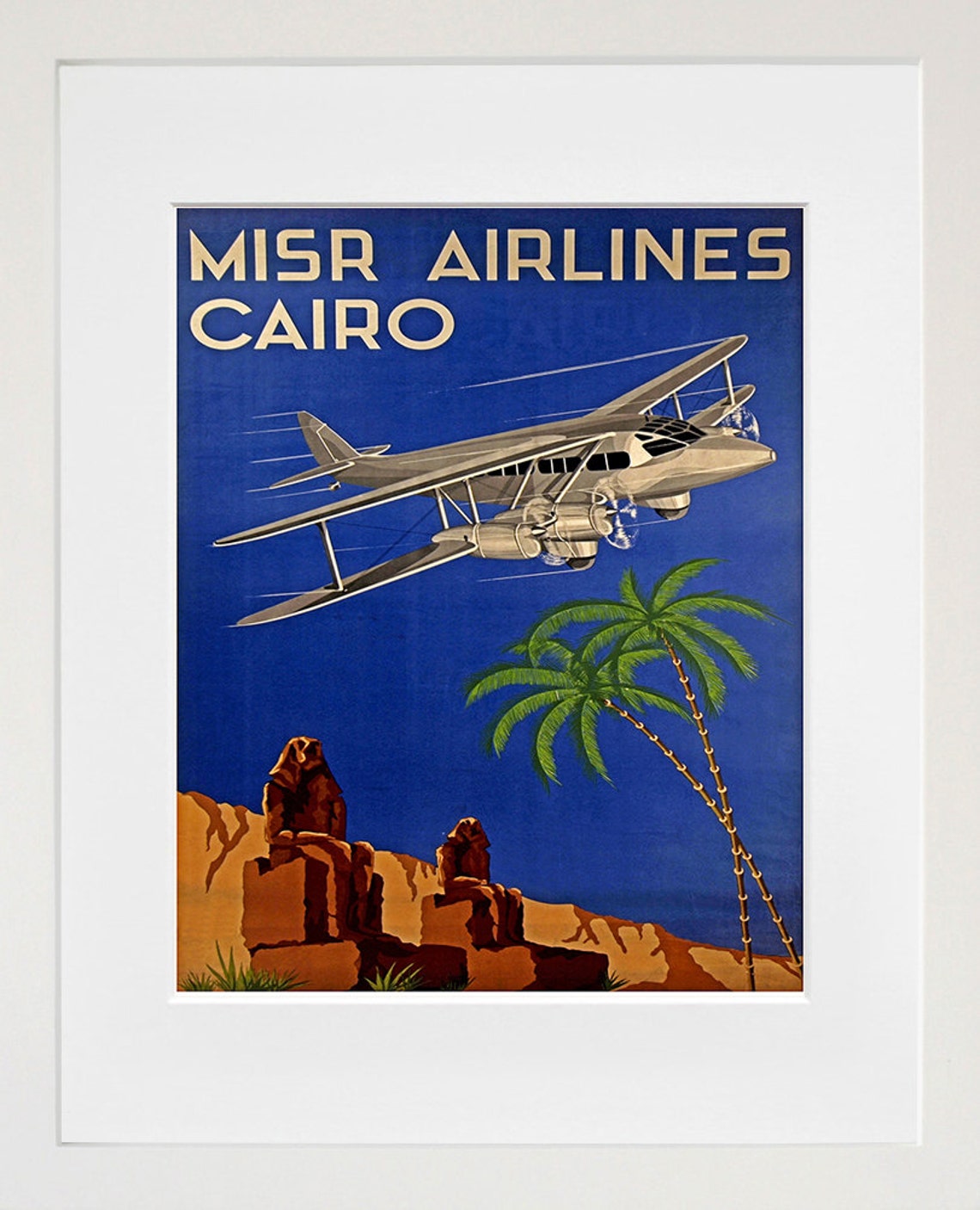 Misr Airlines Cairo Biplane Sphinx Desert Retro Egyptian Poster - Image 2