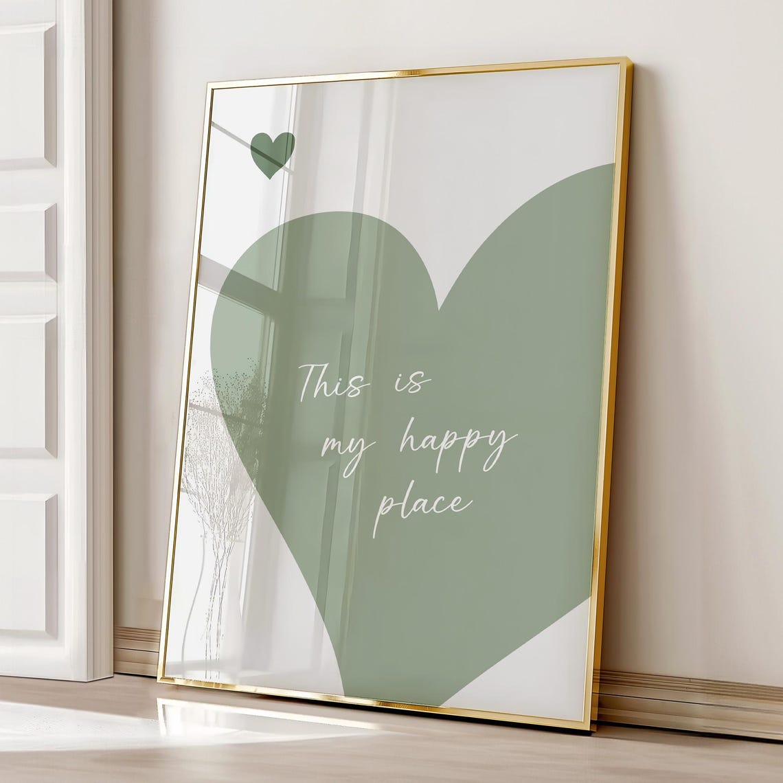 This Is My Happy Place Sage Green Heart Typography Quote Wall Art