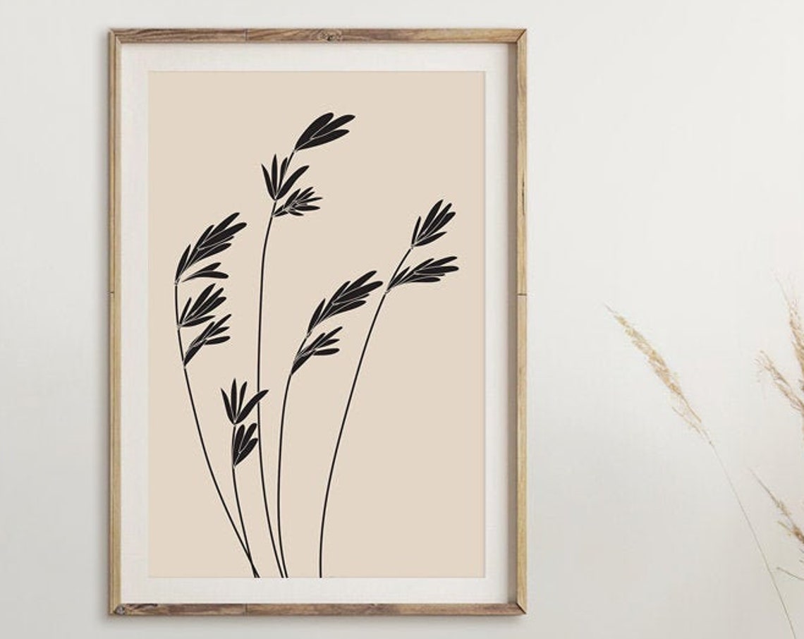 Black Grass Silhouettes Beige Minimal Botanical Line Wall Poster