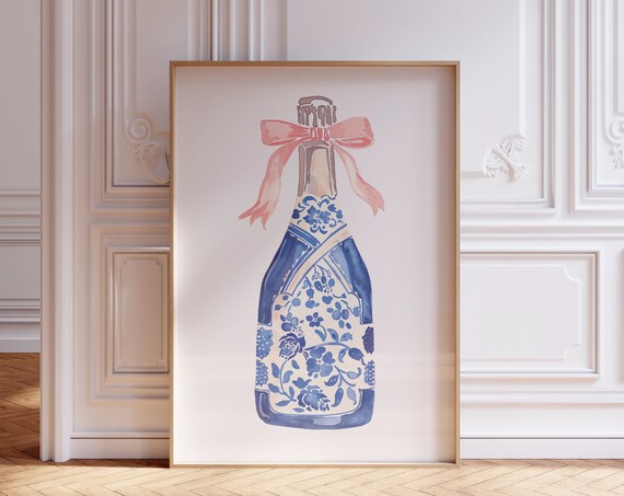 Champagne Bottle Blue Floral Watercolor Poster Pink Bow Bar Cart Decor
