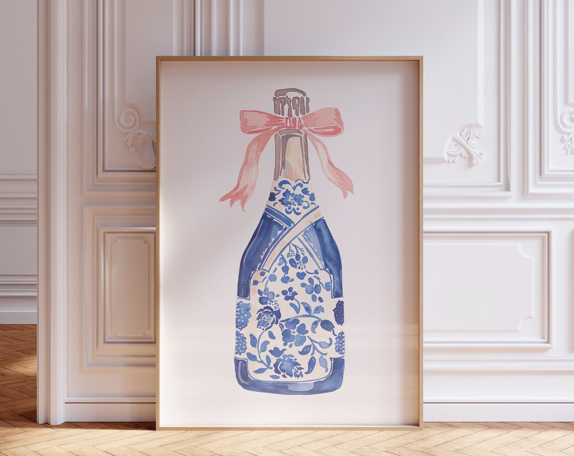 Champagne Bottle Blue Floral Watercolor Poster Pink Bow Bar Cart Decor