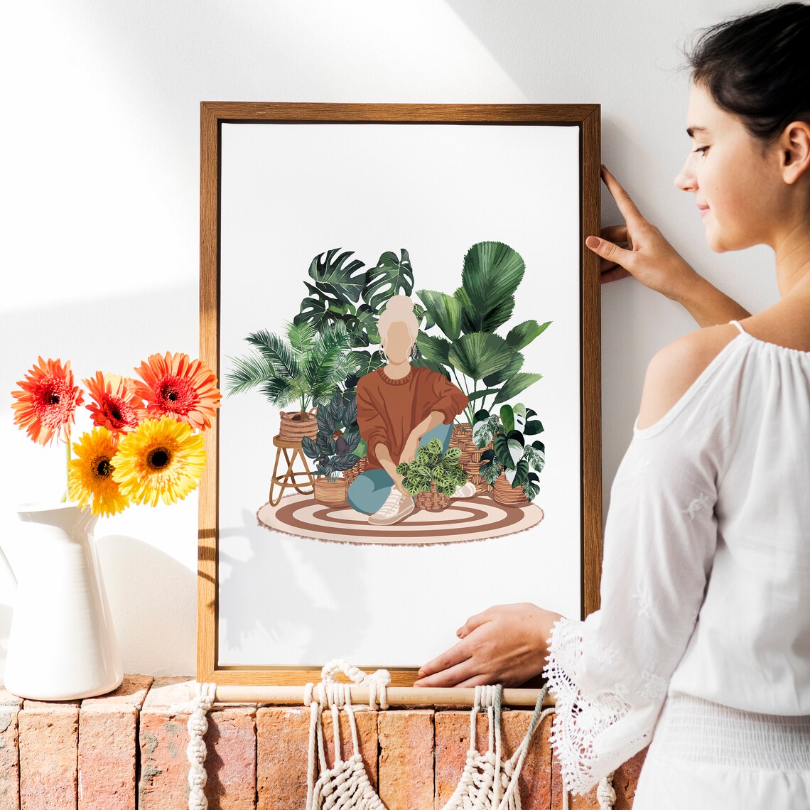 Blonde Plant Lady Print Woman Sitting On Rug Among Houseplants - Image 2