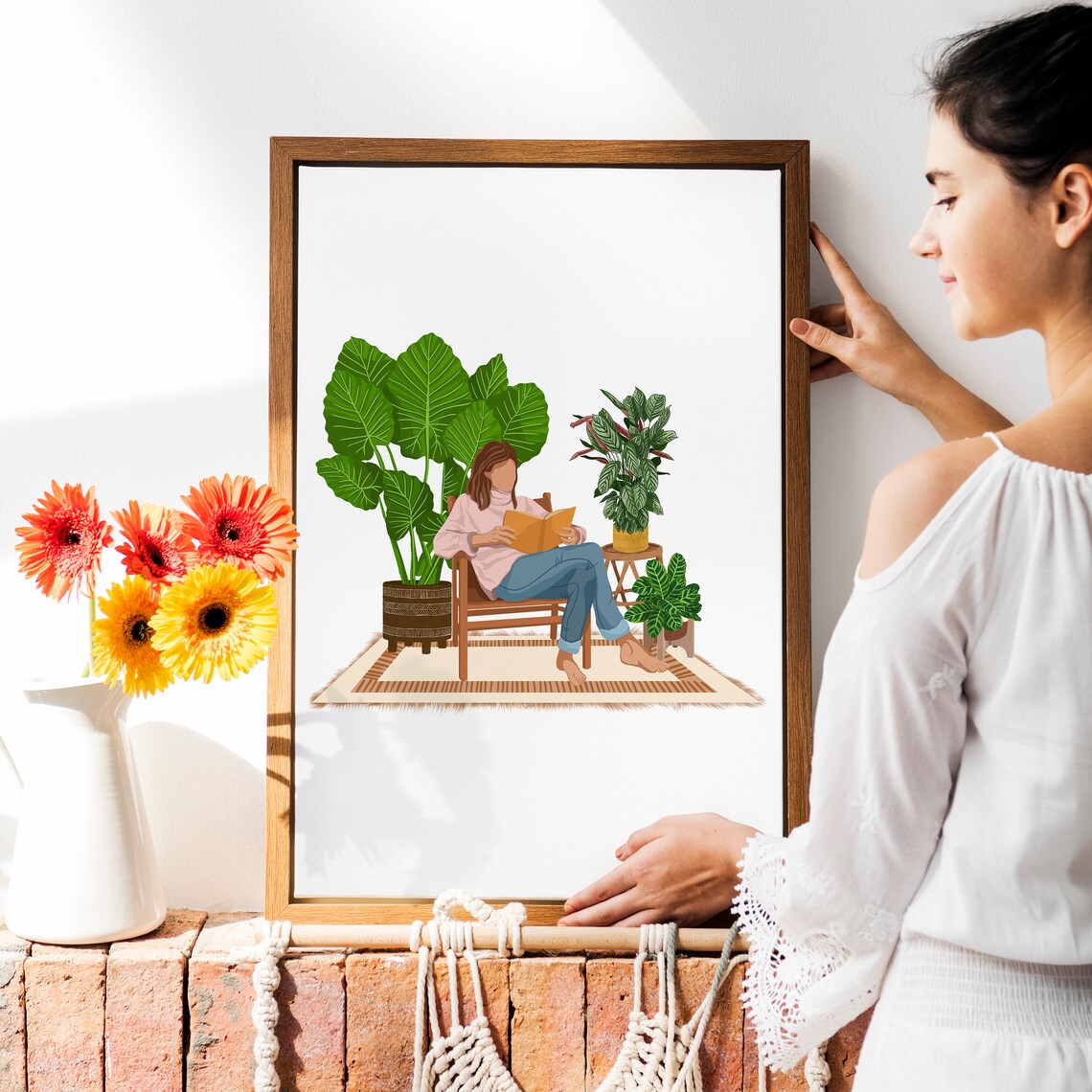 Woman Reading In Armchair Print Houseplants Bookworm Illustration - Image 2