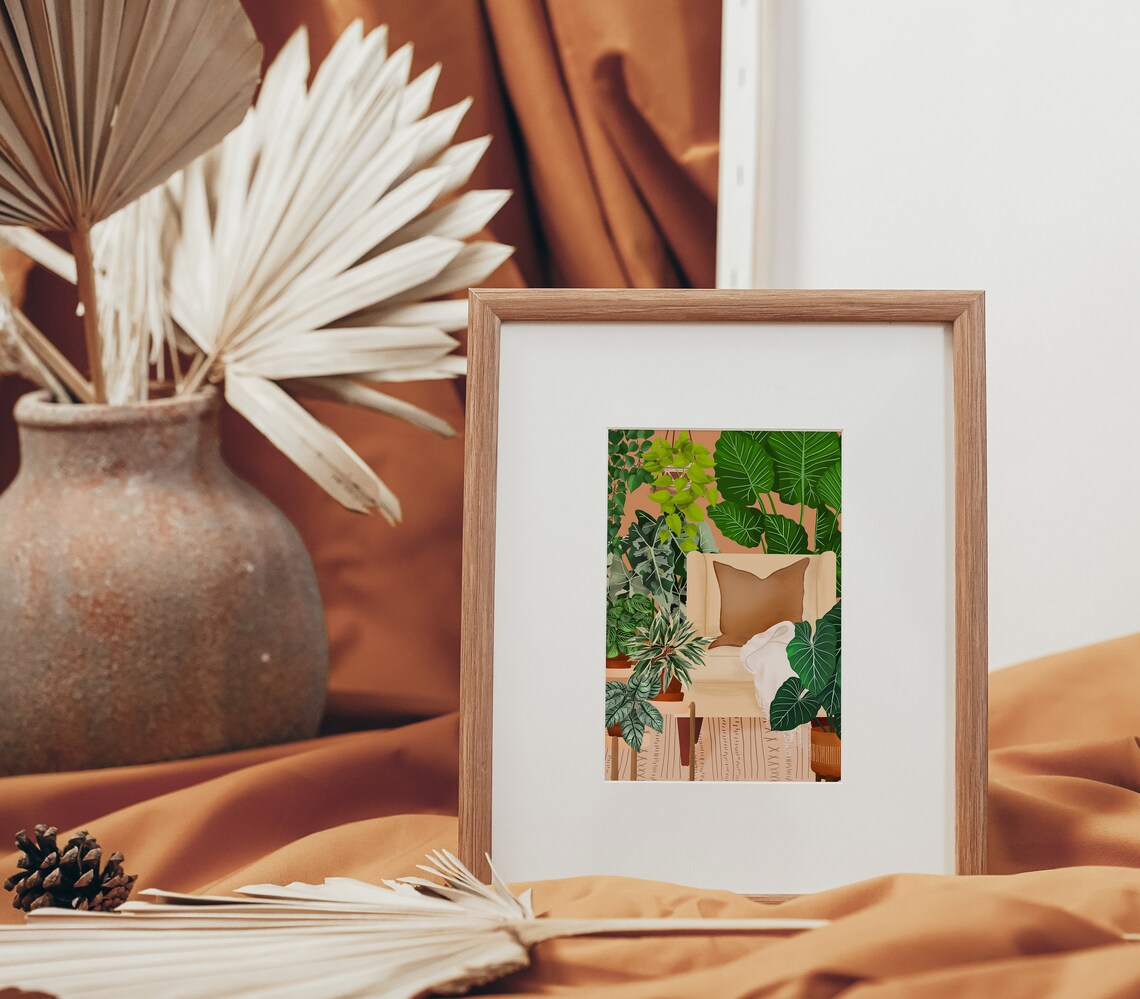 Cozy Armchair with a Brown Cushion Among Giant Tropical Leaves Poster - Image 2
