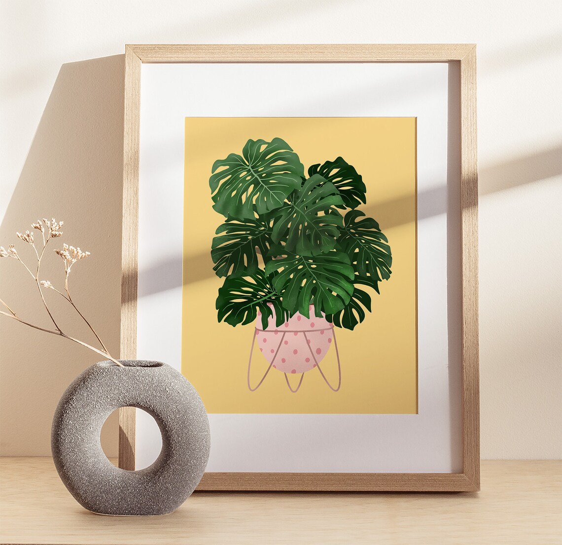 Monstera Deliciosa Poster Pink Polka Dot Pot Mustard Background