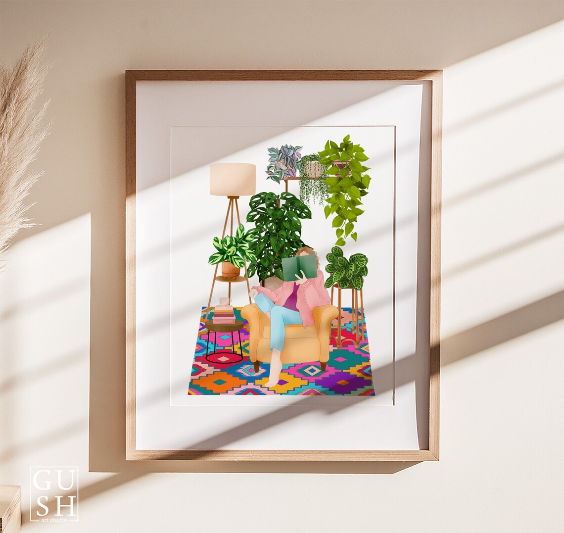 Woman Reading On Kilim Rug Print Cozy Houseplants Book Corner