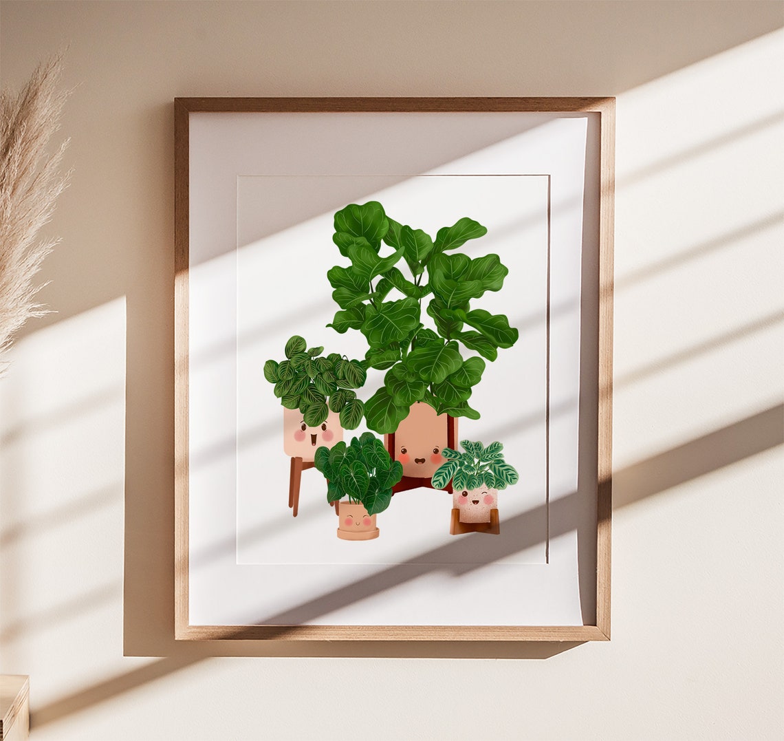 Tall Fiddle Leaf Fig And Smiling Plant Friends Happy Group Poster