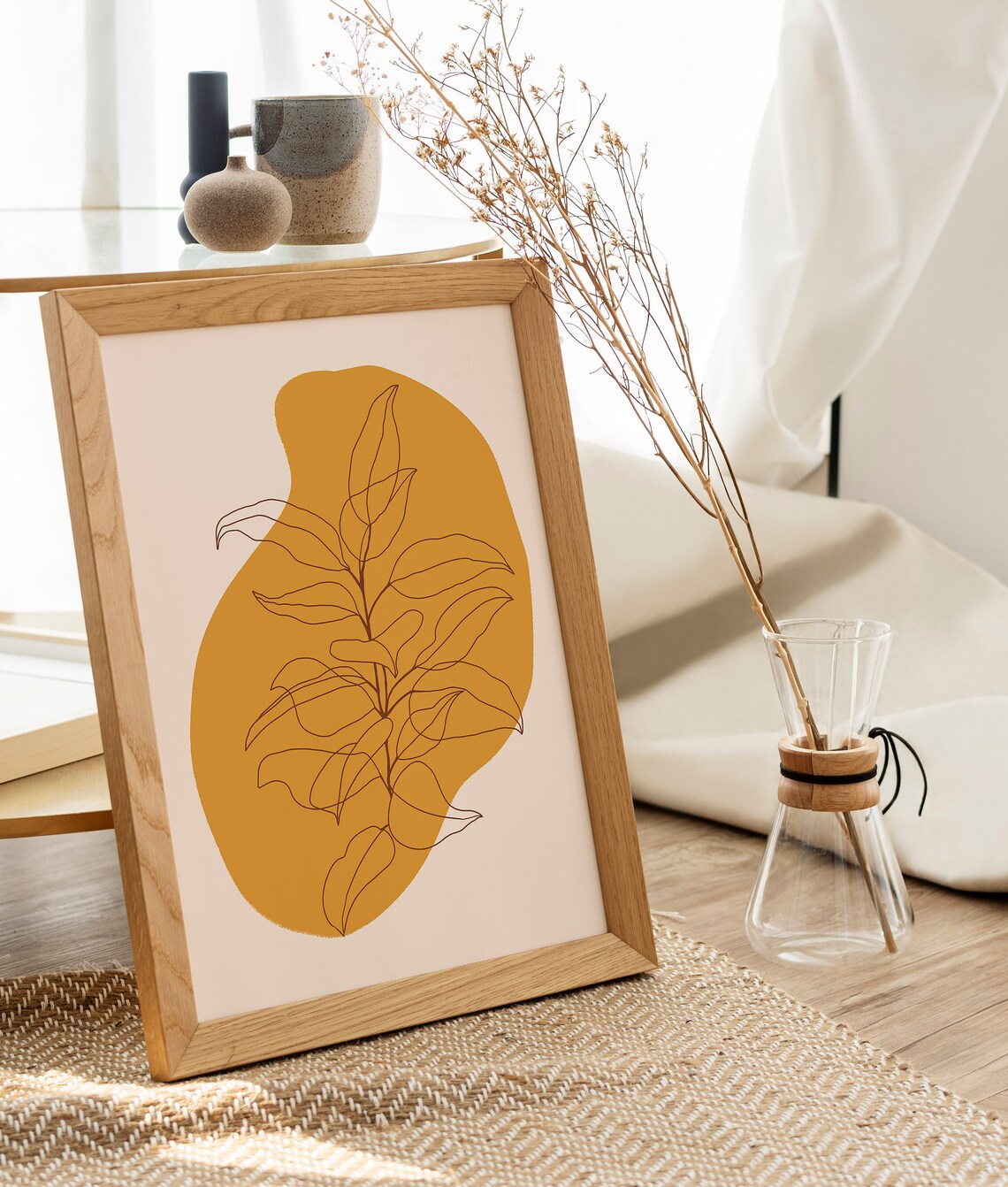 Bold Mustard Ochre Blob With Leaf Line Art Boho Botanical Poster - Image 2