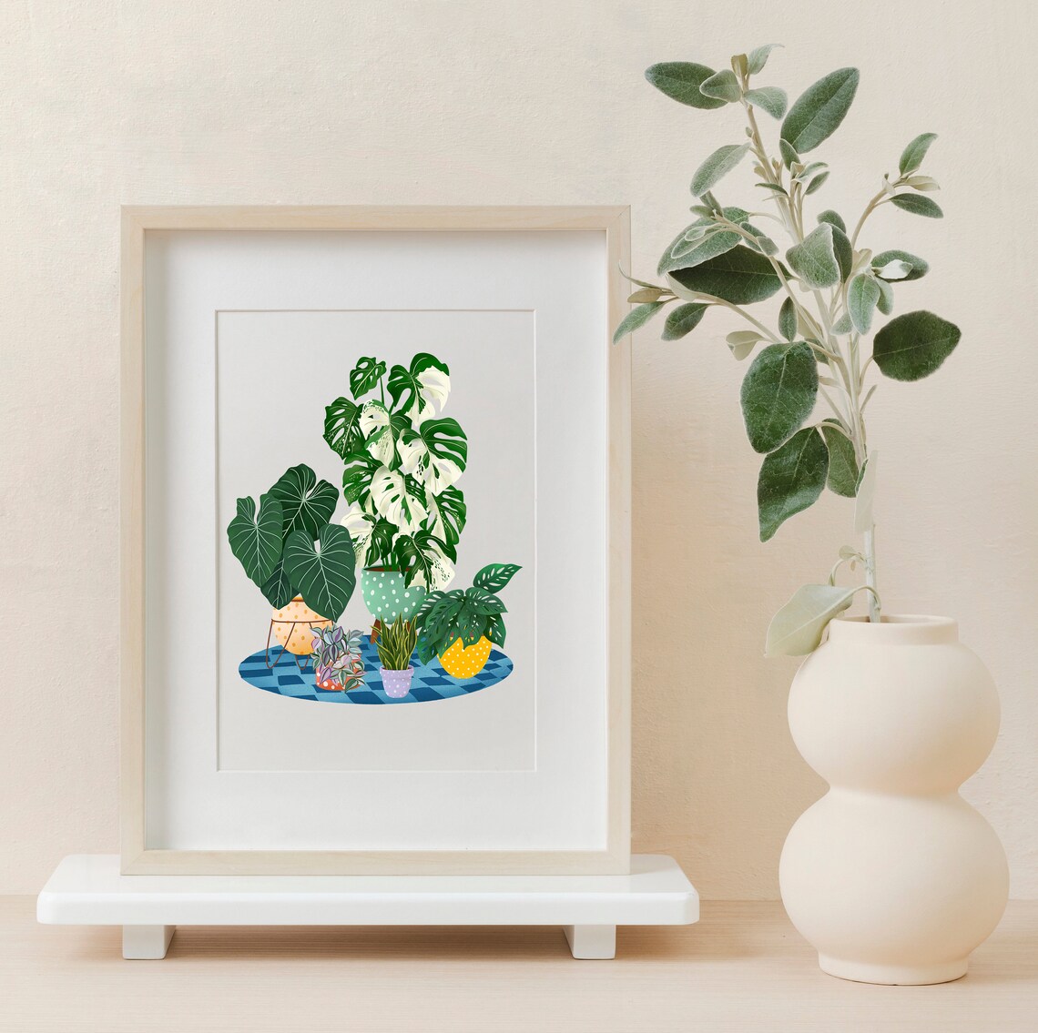 Variegated Monstera Houseplant Collection On Blue Checkered Rug Poster - Image 2