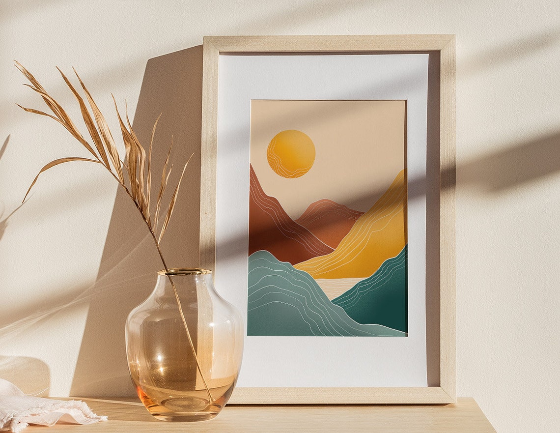 Rust And Teal Mountain Ridges At Sunset Boho Landscape Poster