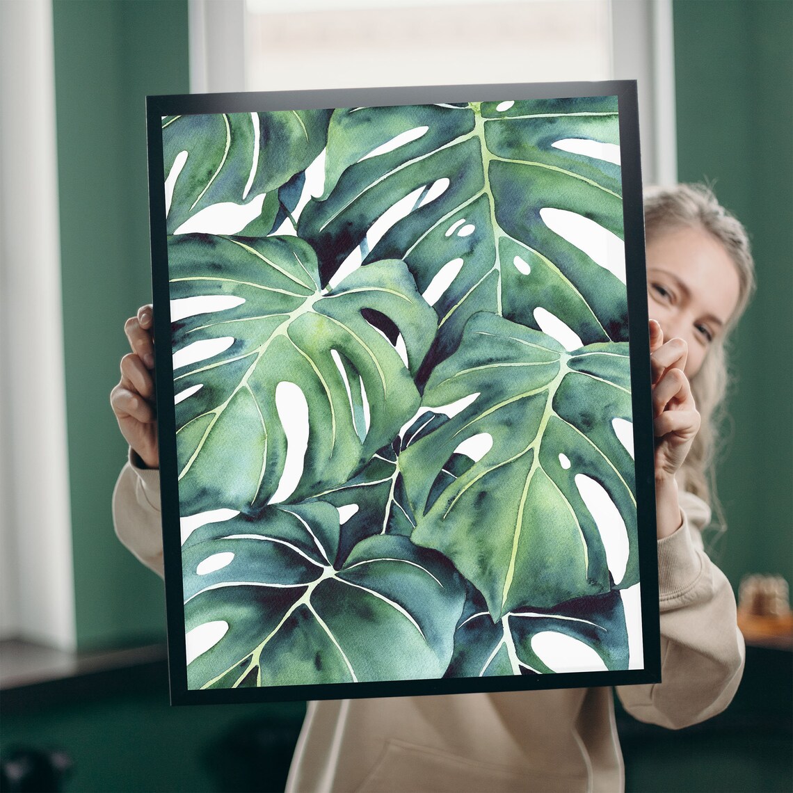 Monstera Deliciosa Leaves Watercolor Close Up Botanical Poster