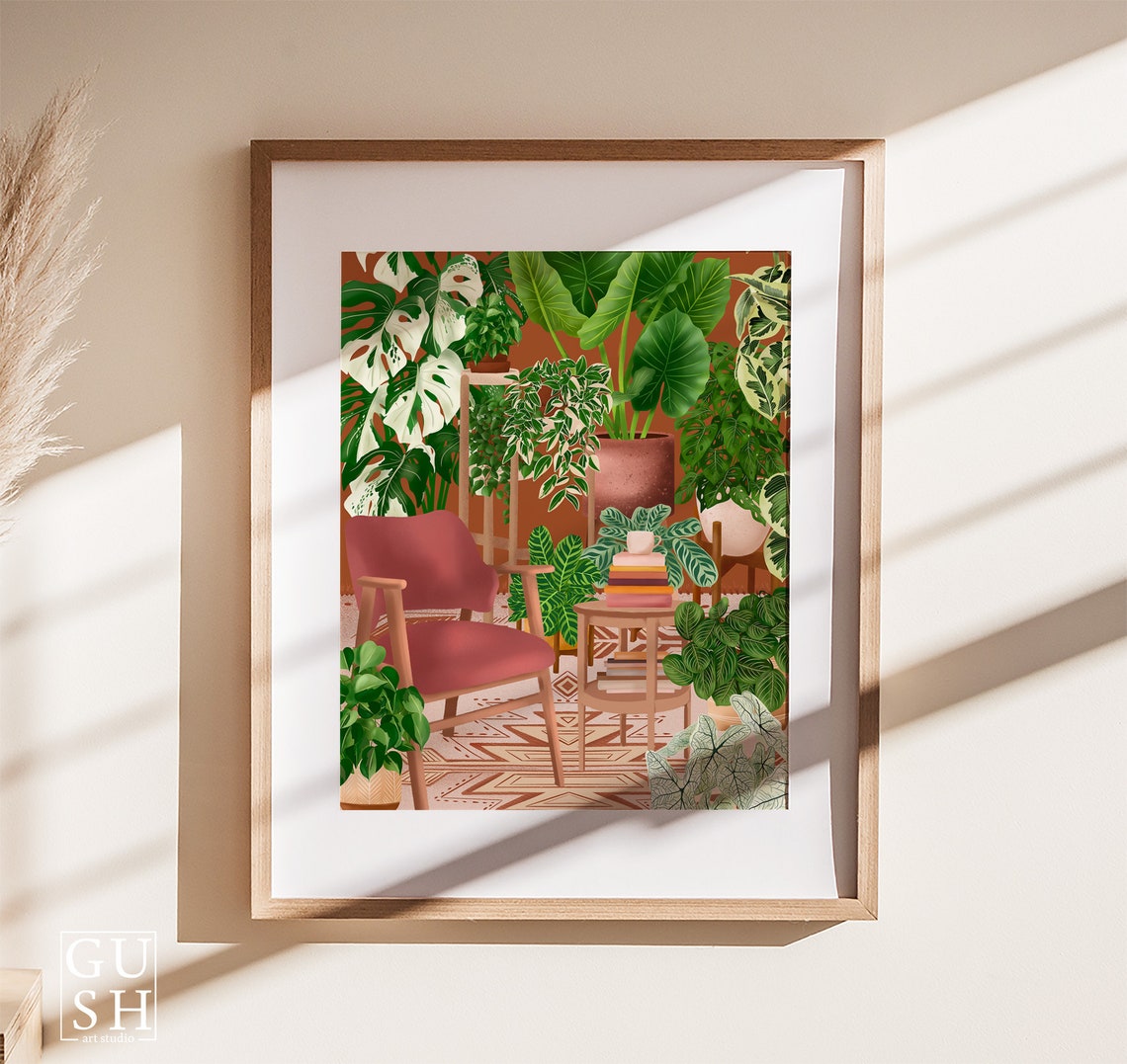 Pink Armchair Reading Corner with a Book Stack and Monstera Poster