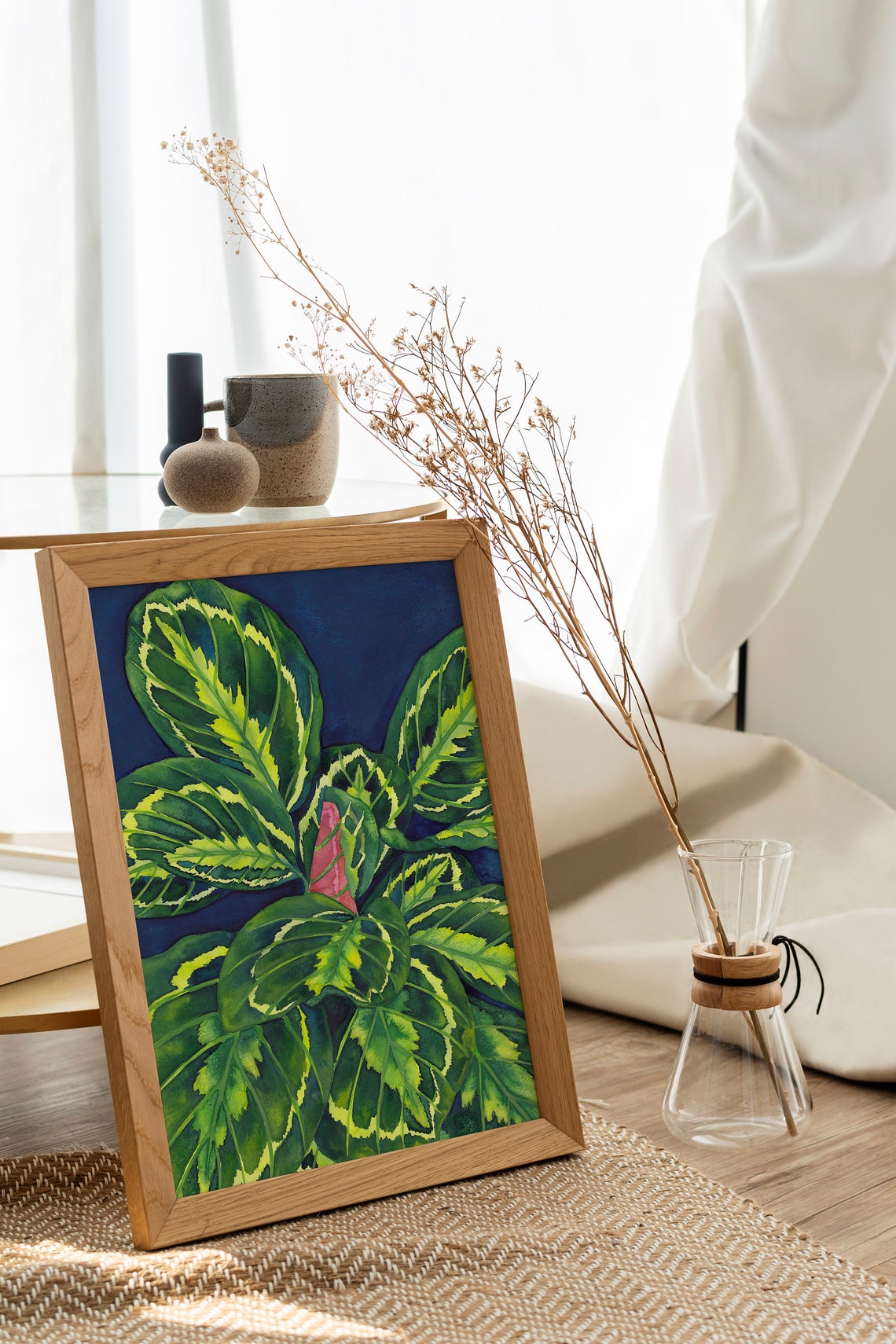 Calathea Roseopicta Variegated Leaves On Navy Watercolor Art Poster - Image 2