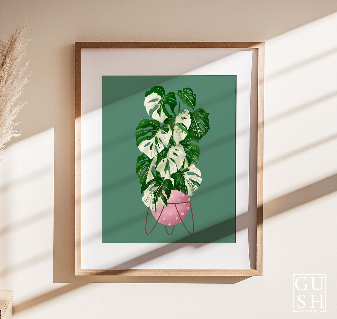 Variegated Monstera Print Pink Dotted Pot Deep Green Background - Image 3
