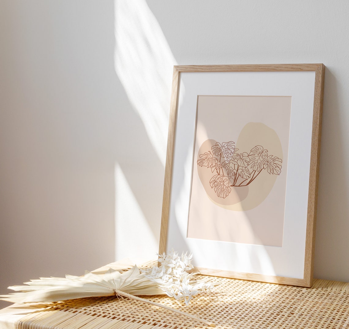Delicate Monstera Leaf Line Art Over Beige Organic Botanical Poster - Image 2