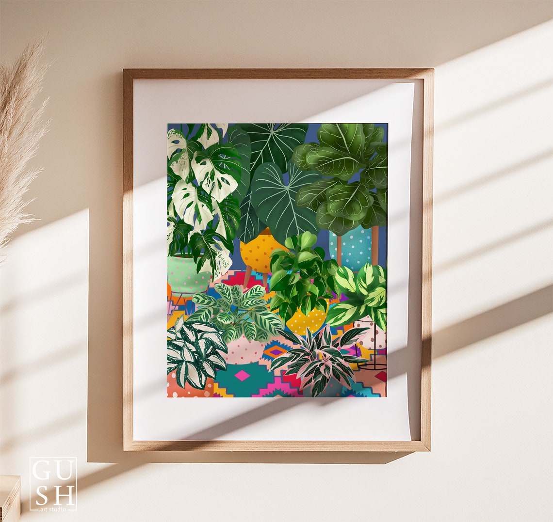 Dense Tropical Leaves with Yellow Pots on a Bold Blue Backdrop Poster