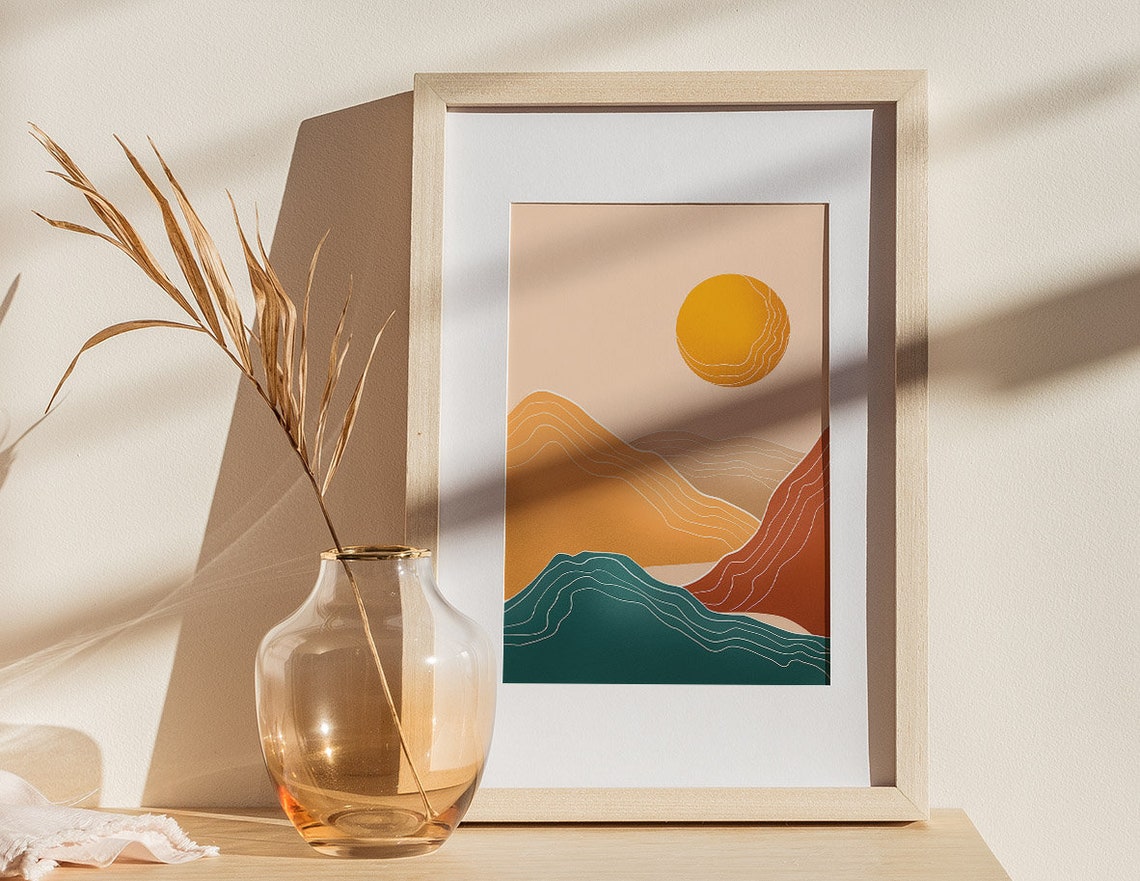 Golden Sun Over Mountain Peaks Modern Abstract Landscape Poster - Image 3