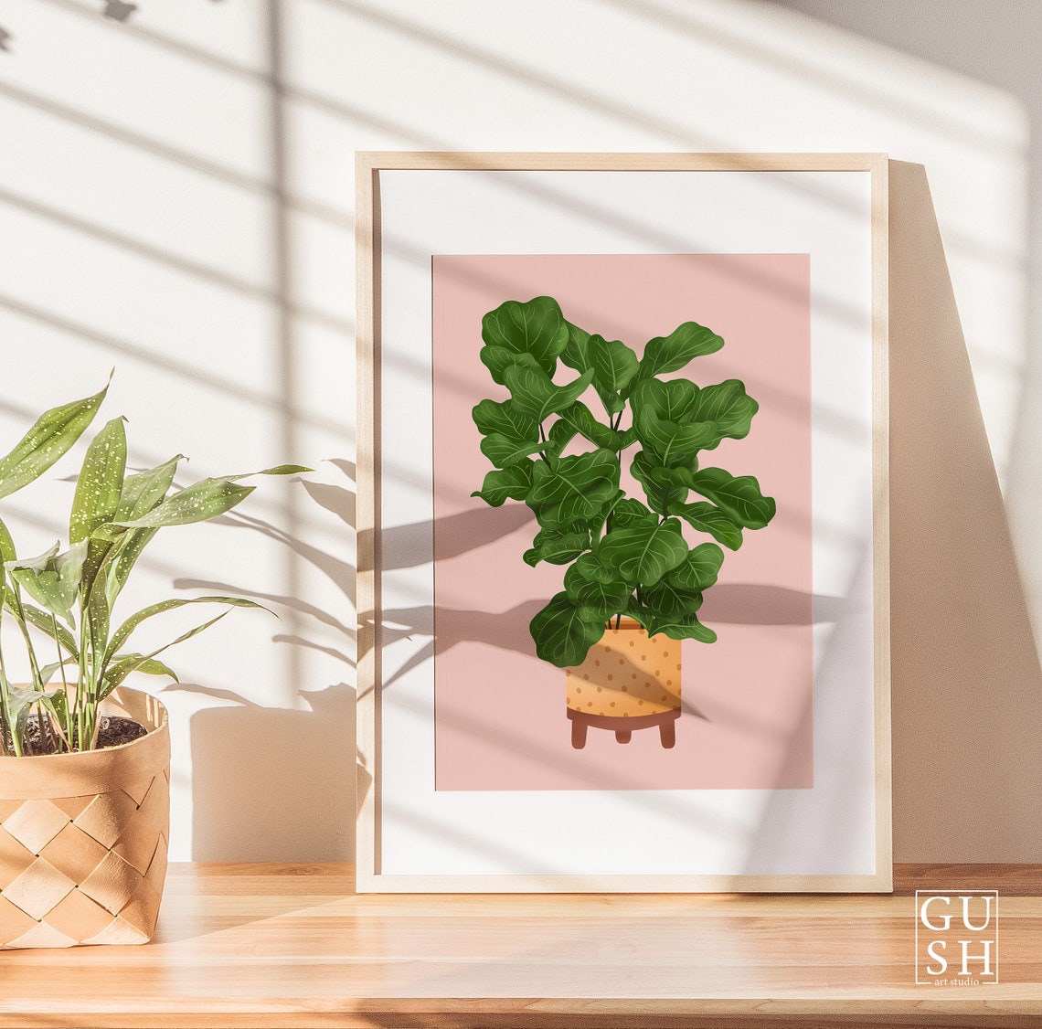 Fiddle Leaf Fig Poster Mustard Dotted Pot Blush Pink Background