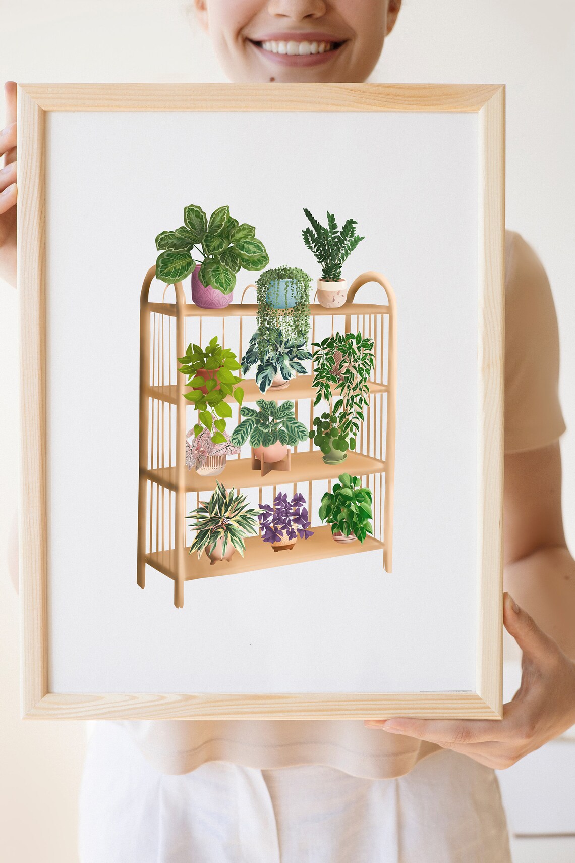 Lush Houseplant Shelf Illustration On Rattan Rack Botanical Poster - Image 3