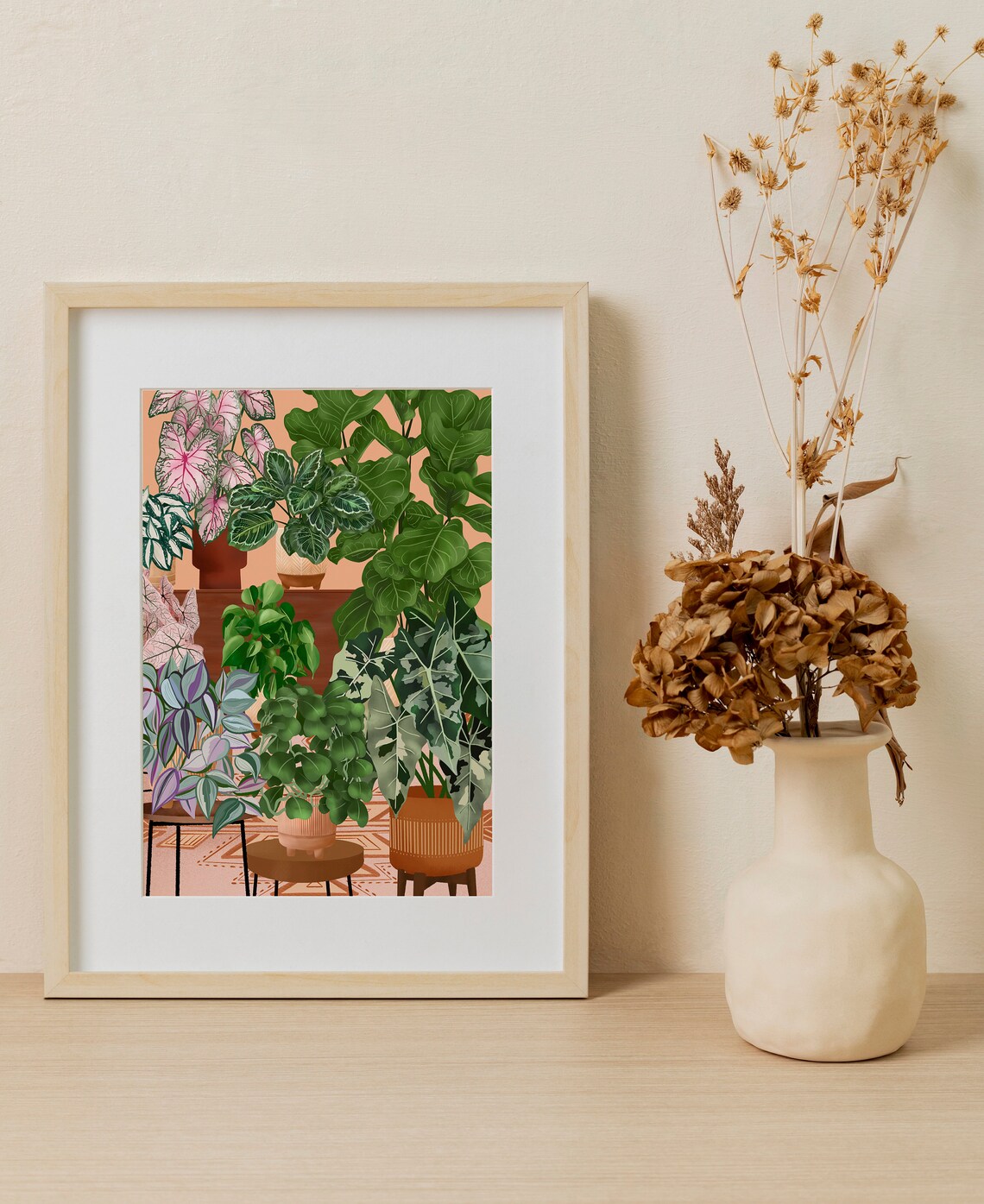 Pink Caladium and Lush Houseplants on a Cozy Plant Shelf Poster - Image 2