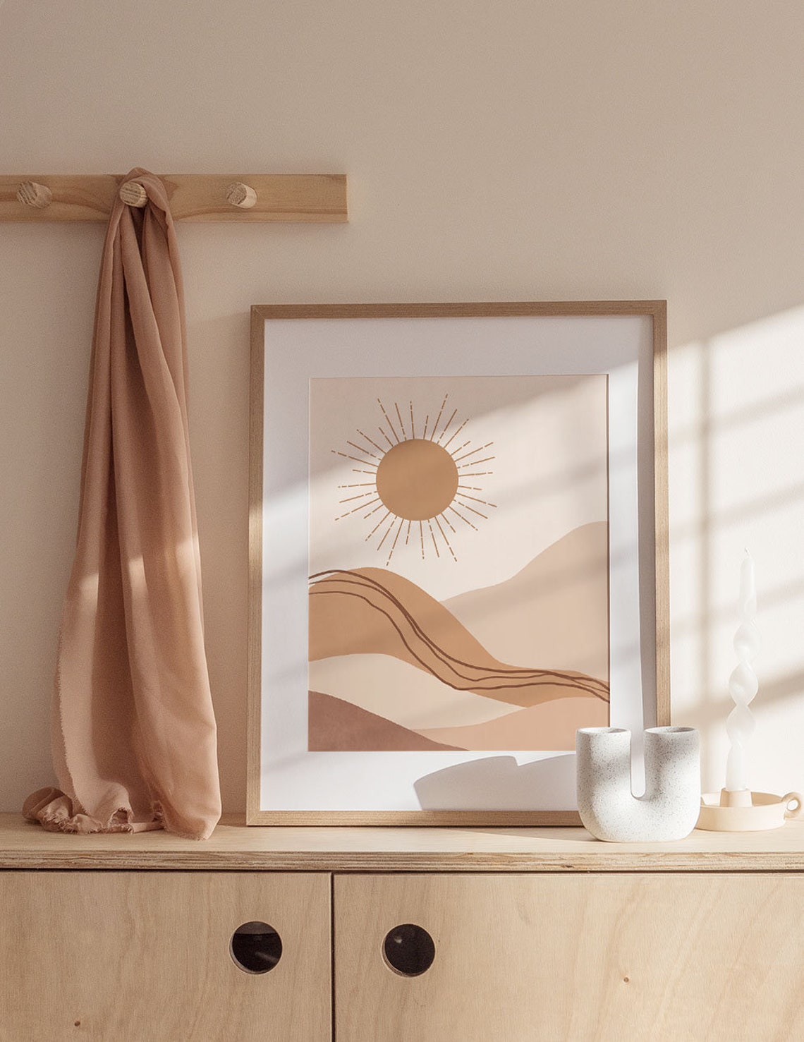 Sunburst Rays Over Rolling Tan Dunes Minimalist Desert Poster - Image 2