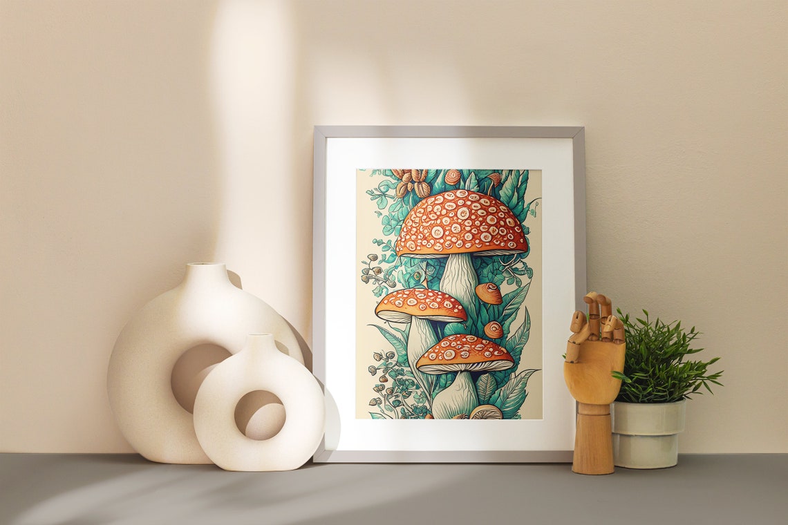 Red Fly Agaric Mushrooms Vintage Botanical Illustration Poster - Image 2