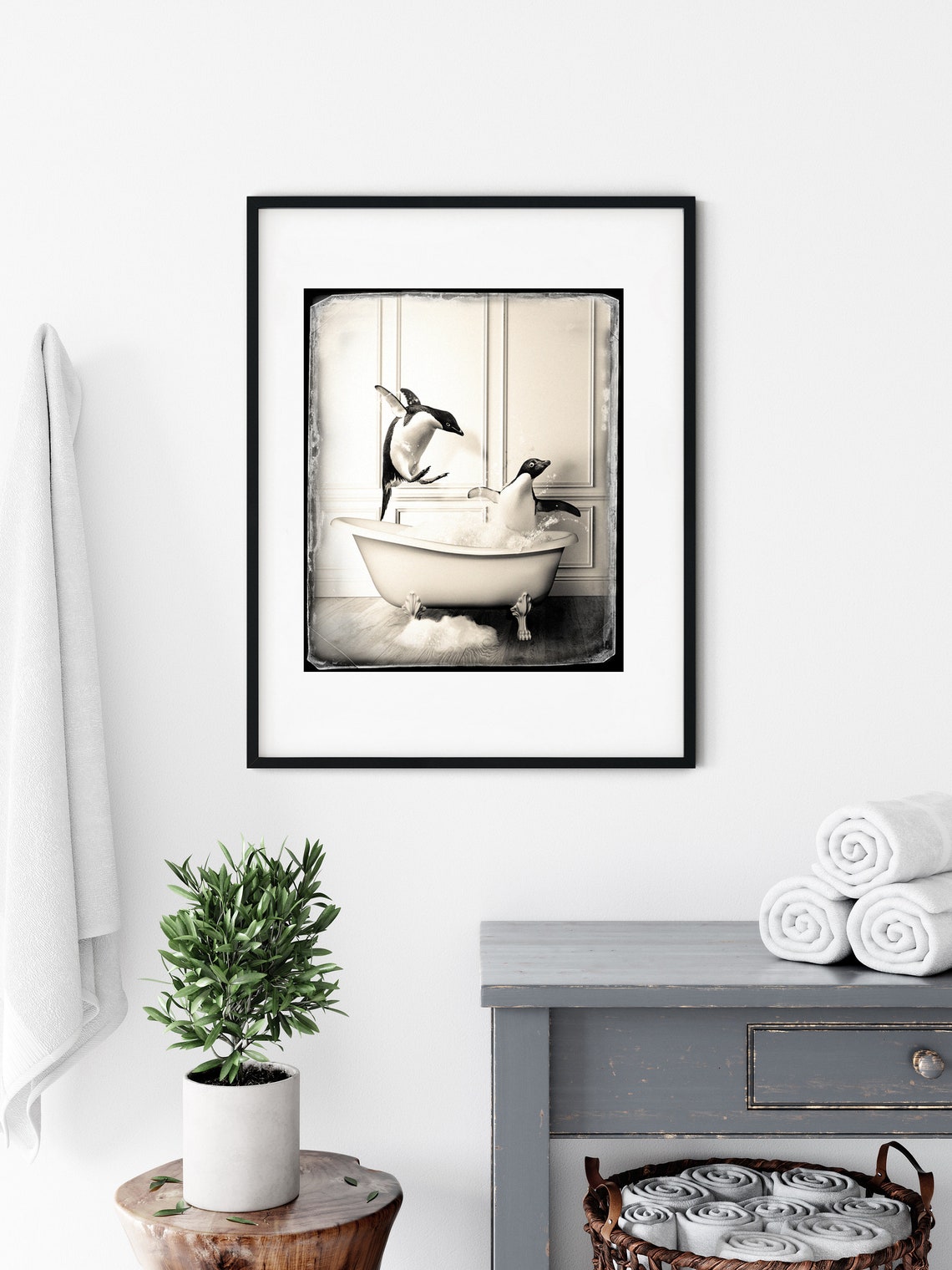Penguins In Bathtub Vintage Sepia Funny Bathroom Photo Print