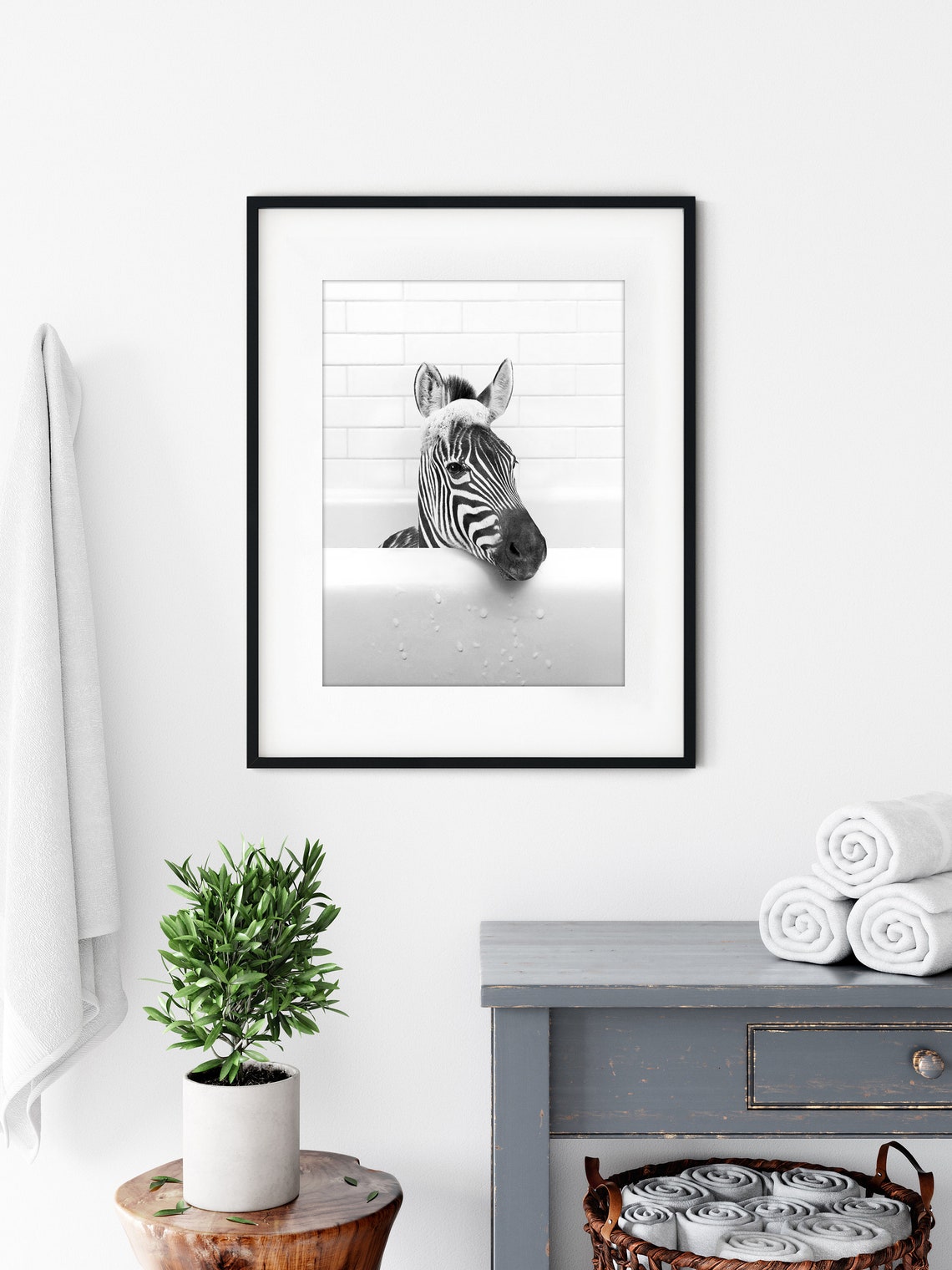Cheeky Zebra In Bathtub Black And White Funny Bathroom Photo Print