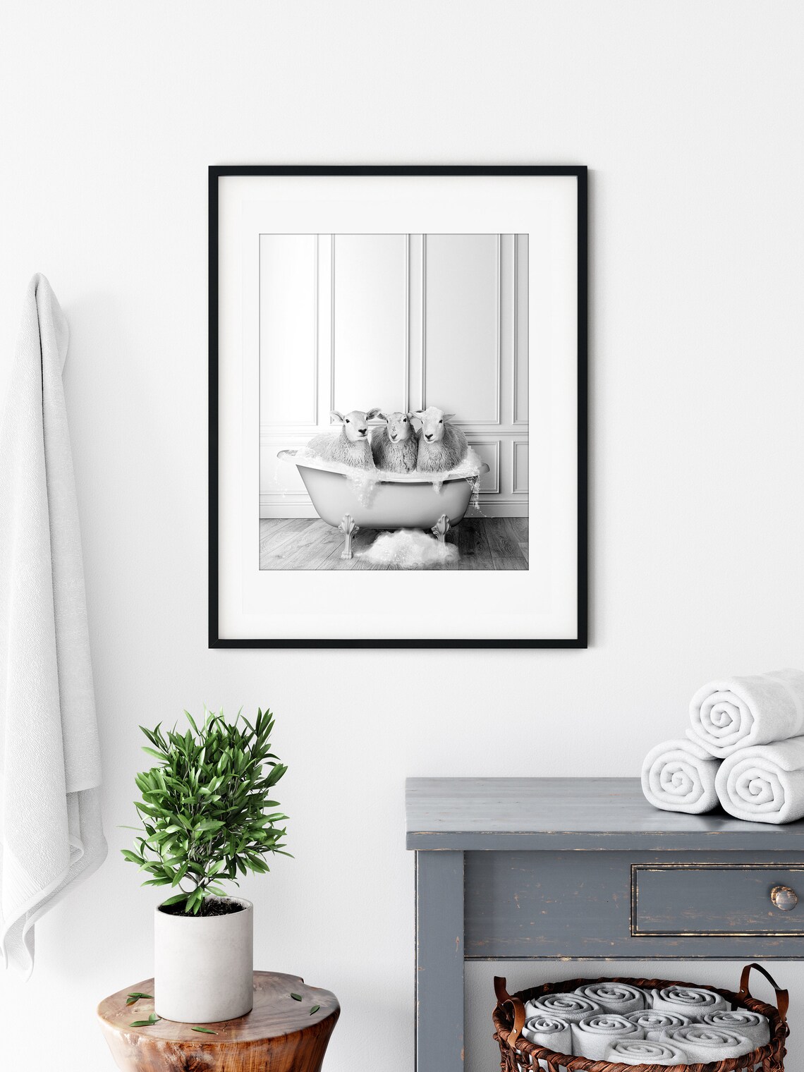 Sheep In Tub Bathroom Art Print, Black And White