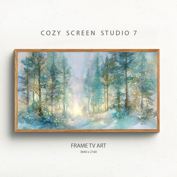 Misty Snowy Winter Forest Watercolor Golden Light Frame TV Art Poster