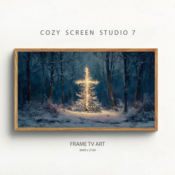 Glowing Christmas Tree Cross Snowy Night Forest Holiday Poster