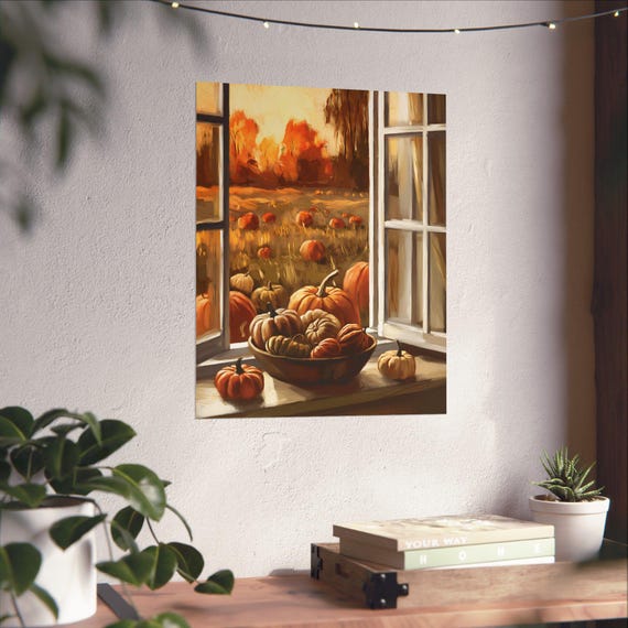 Autumn Pumpkin Field Window View Print Rustic Fall Kitchen Wall Art